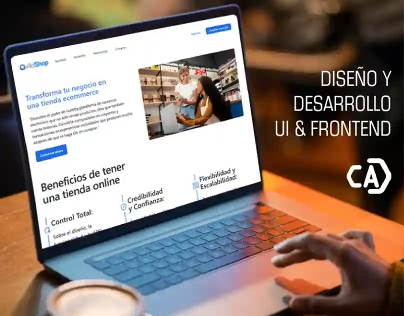Carátula del proyecto rediseñado de quiqui chop, un computador mostrando la página principal con una mano en la parte del touchpad