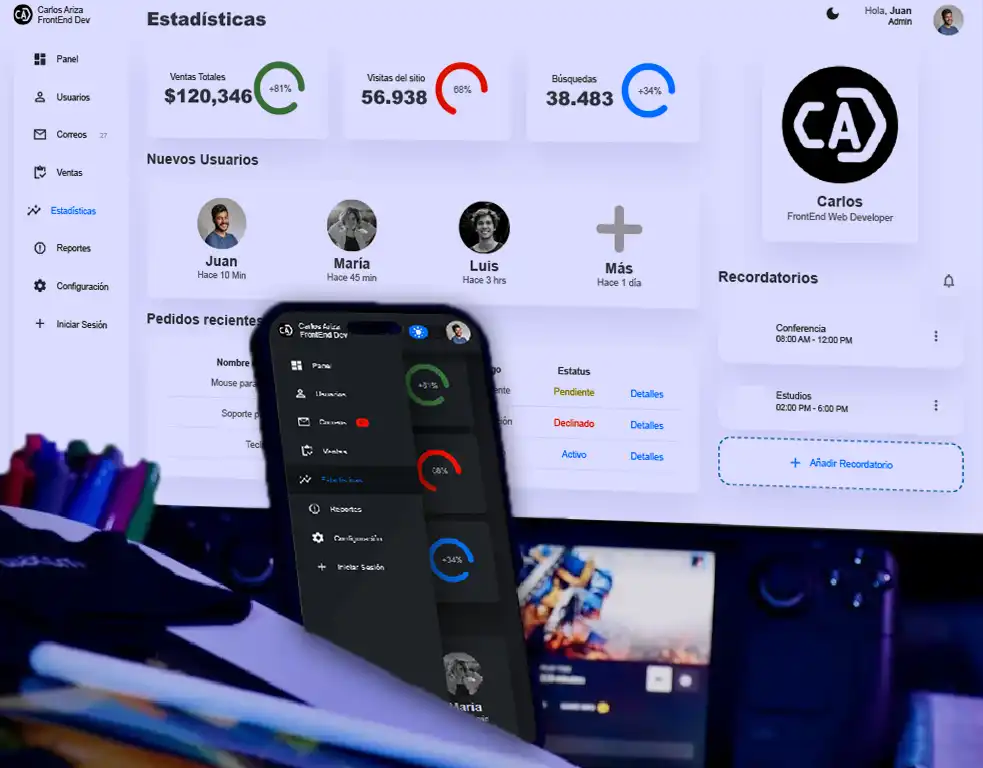 Carátula del proyecto Dashboard, un computador muestra la página, un celular muestra el modo oscuro